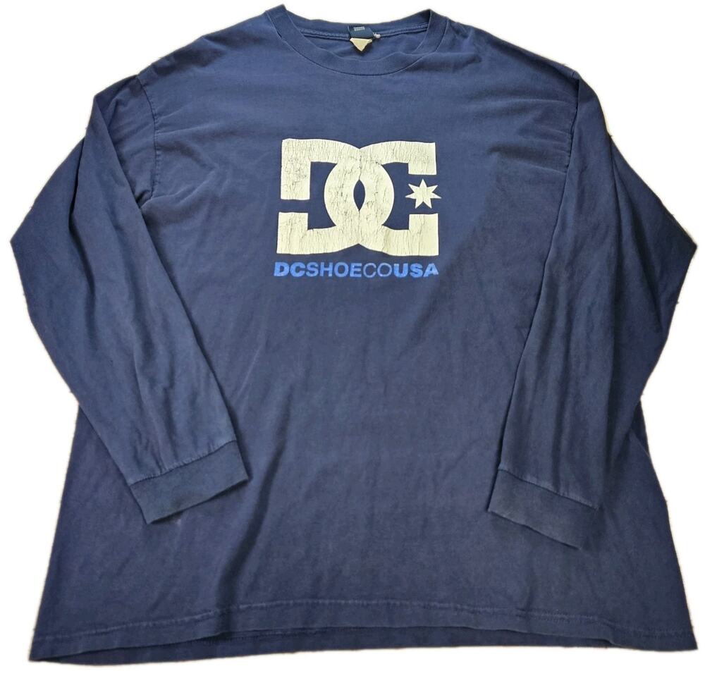 DC Shoes Co. Y2K, Blue Long Sleeve Logo Shirt Men's Size Large Distressed Stains